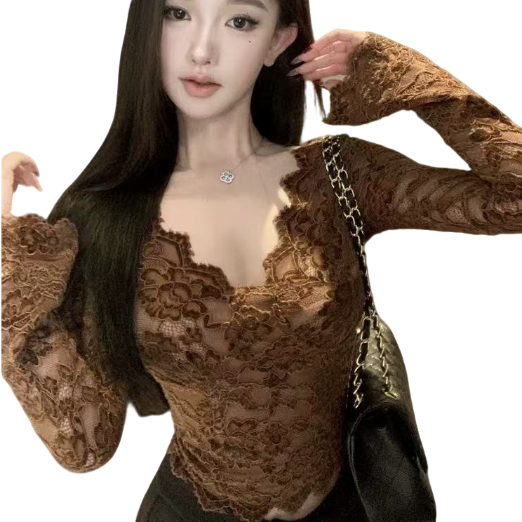 老钱风纯欲辣妹胖MM微胖大码蕾丝拼接V领打底上衣女性感修身长袖