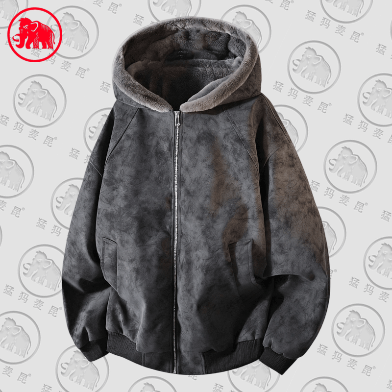 猛犸麦昆男女同款保暖连帽运动内里兔兔绒PU皮衣