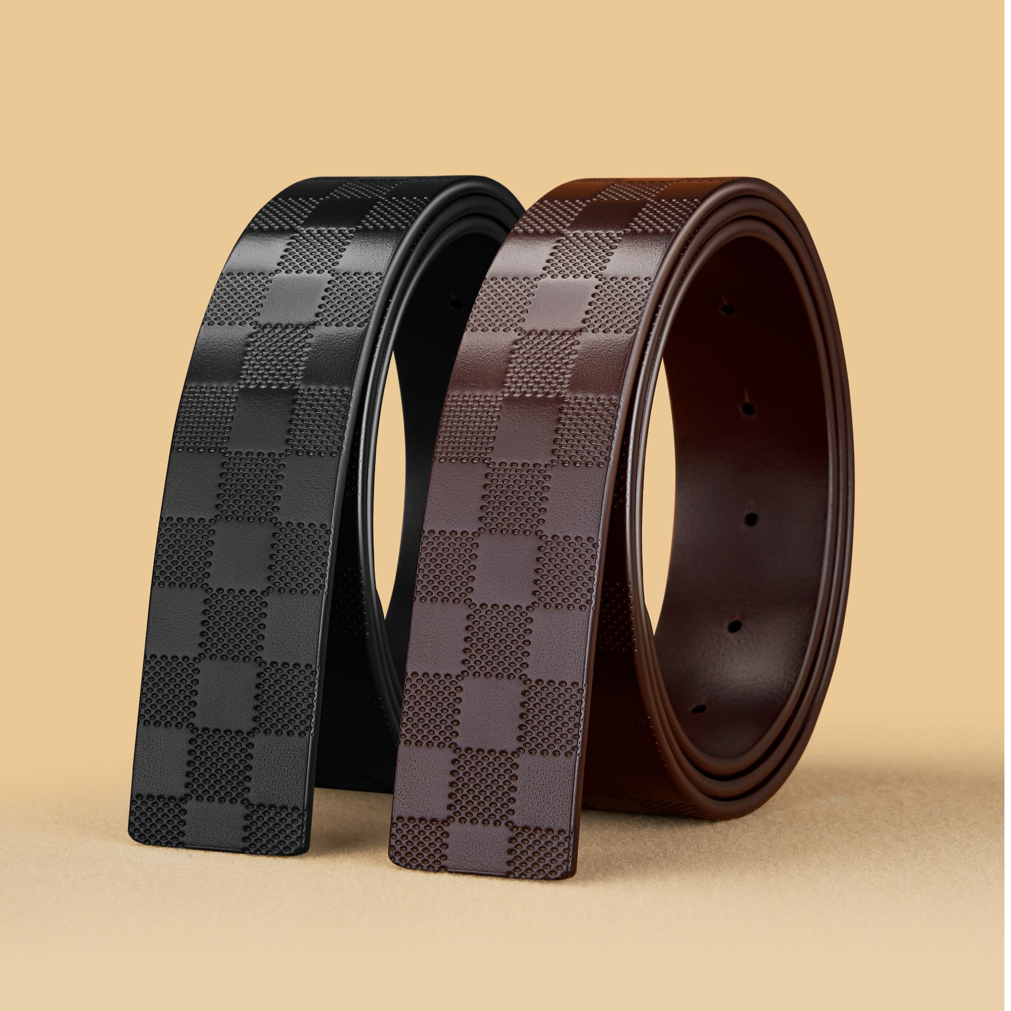 【一套定制】整张切割无夹层格纹植鞣头层真牛皮皮带无扣打孔皮带