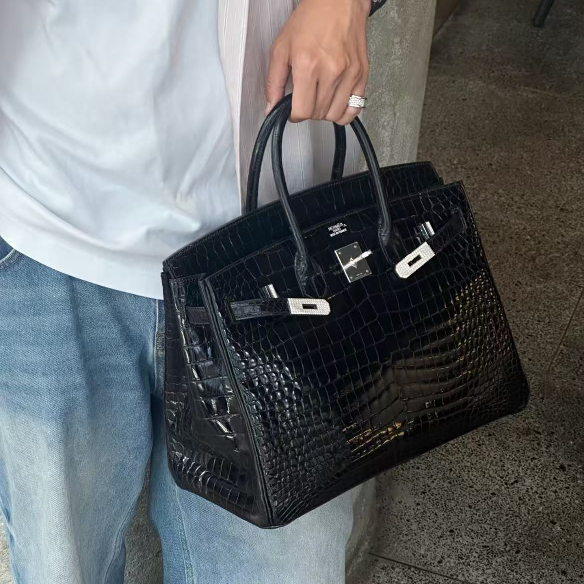99新 Hermes/爱马仕 birkin35 黑银亮面倒V鳄鱼皮 框N刻