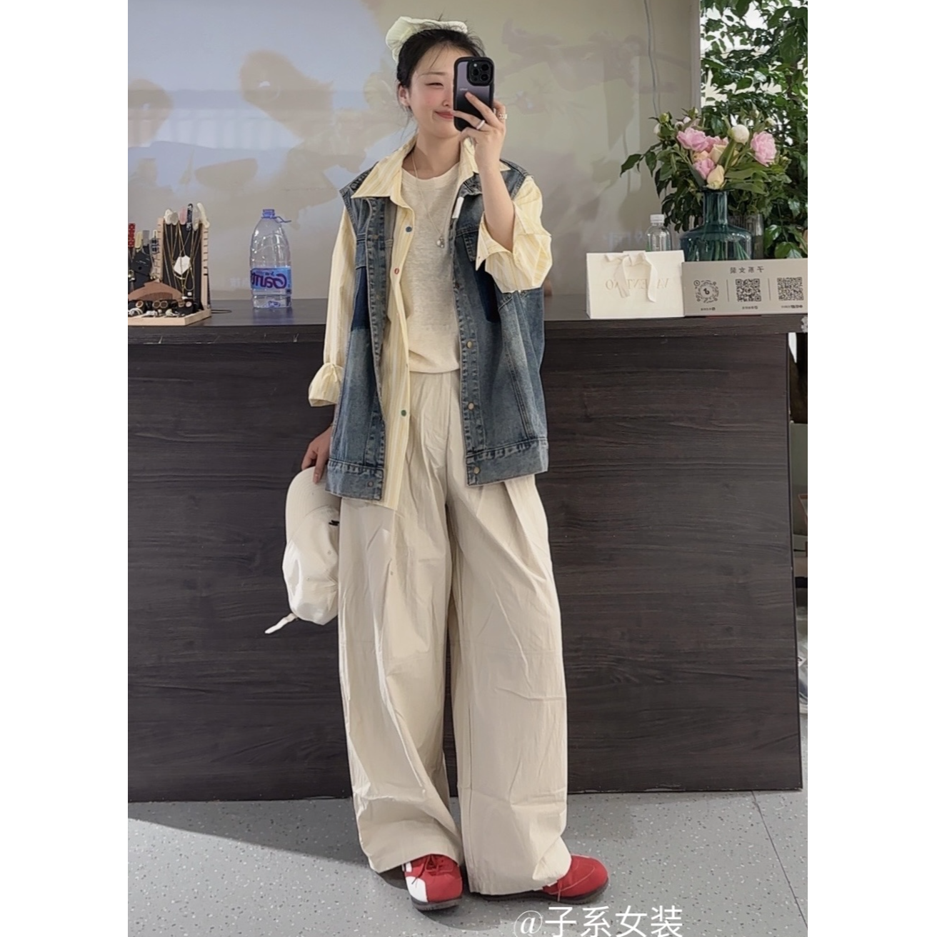 [子系女装]2025春上新！新款韩版高腰宽松棉长裤松紧腰阔腿百搭