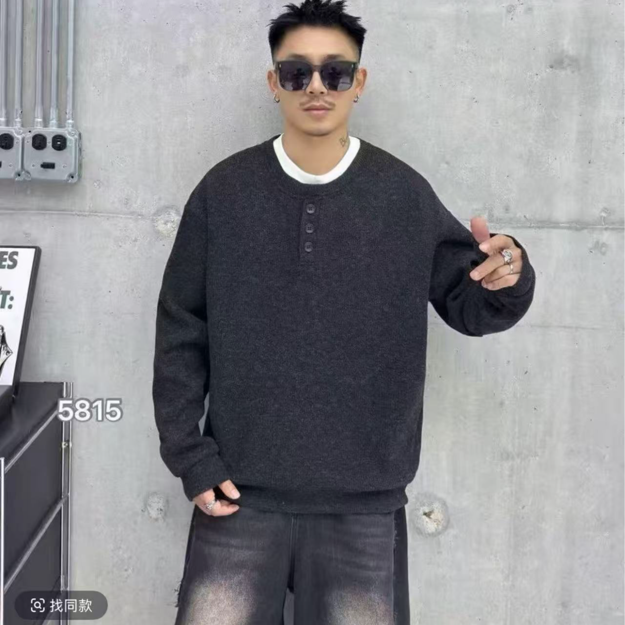 冬季新款加绒加厚亨利领假两件花纱仿毛衣圆领卫衣5815