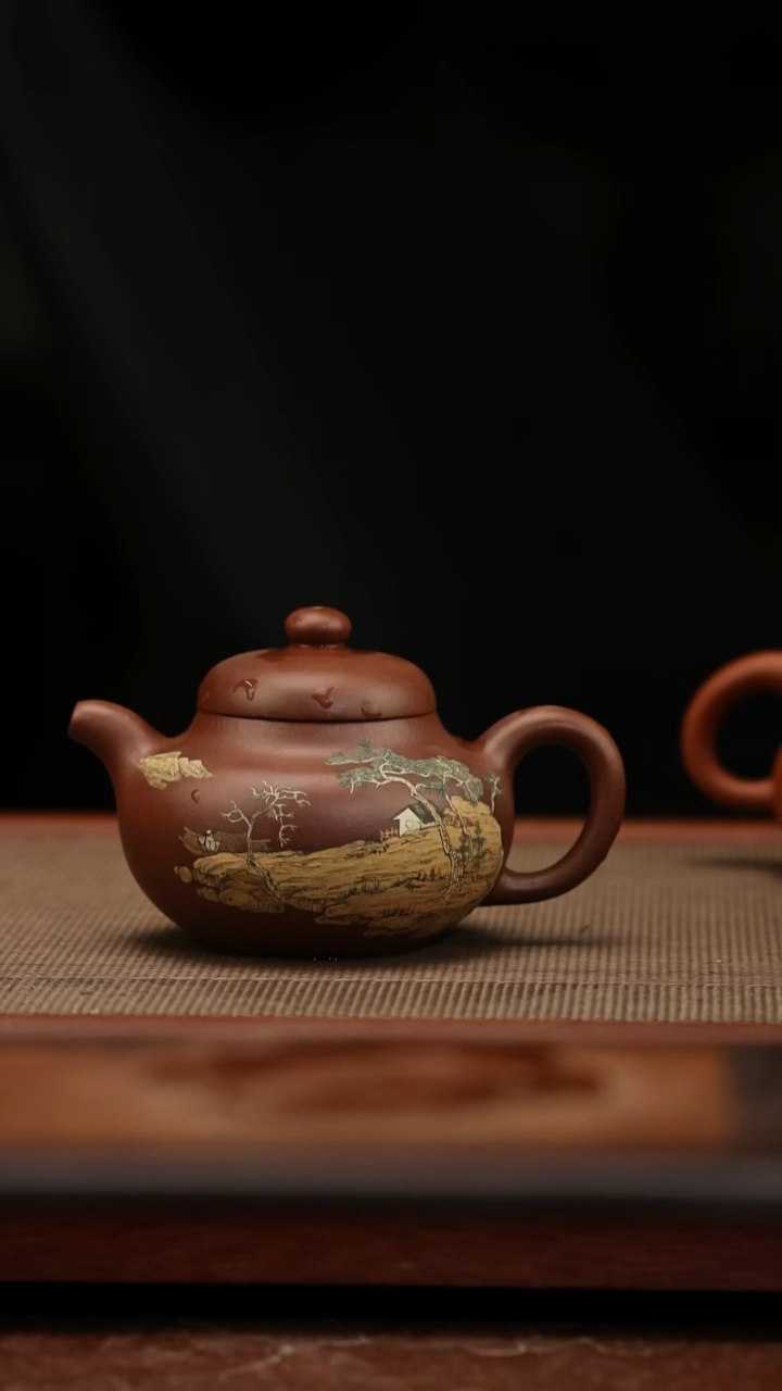 茶壶紫砂120毫升 柿圆 紫泥 山水