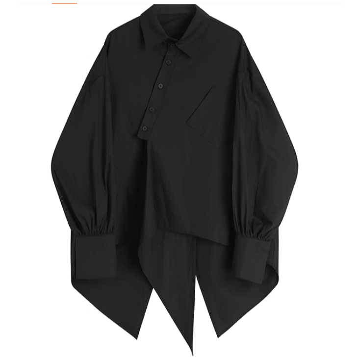 复古长袖衬衫不规则黑色格纹设计感不对称口袋小众韩版宽松时尚