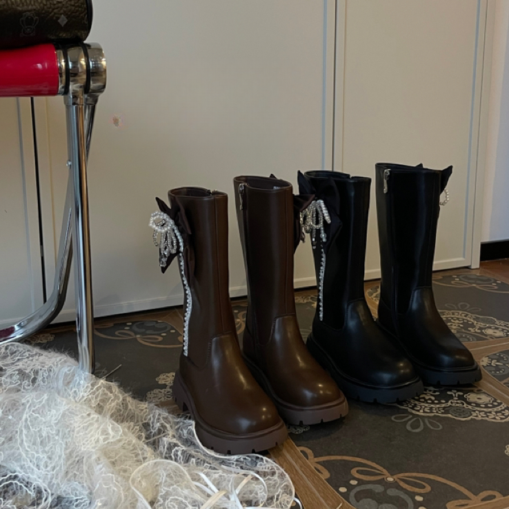 【豪宝贝童鞋】 2025冬季珍珠串珠蝴蝶结加绒高筒靴C1