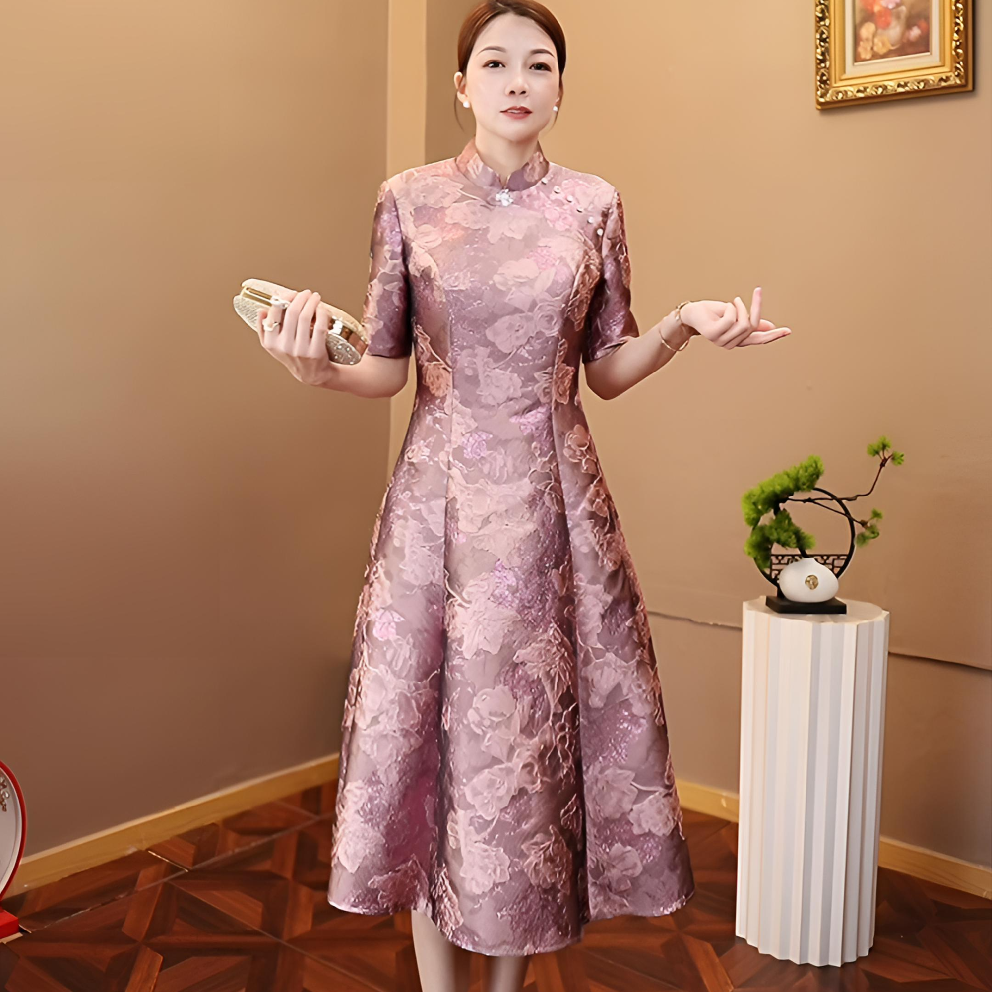 2025夏新款洋气喜婆婆旗袍年轻妈妈婚宴礼服高端气质结婚连衣裙
