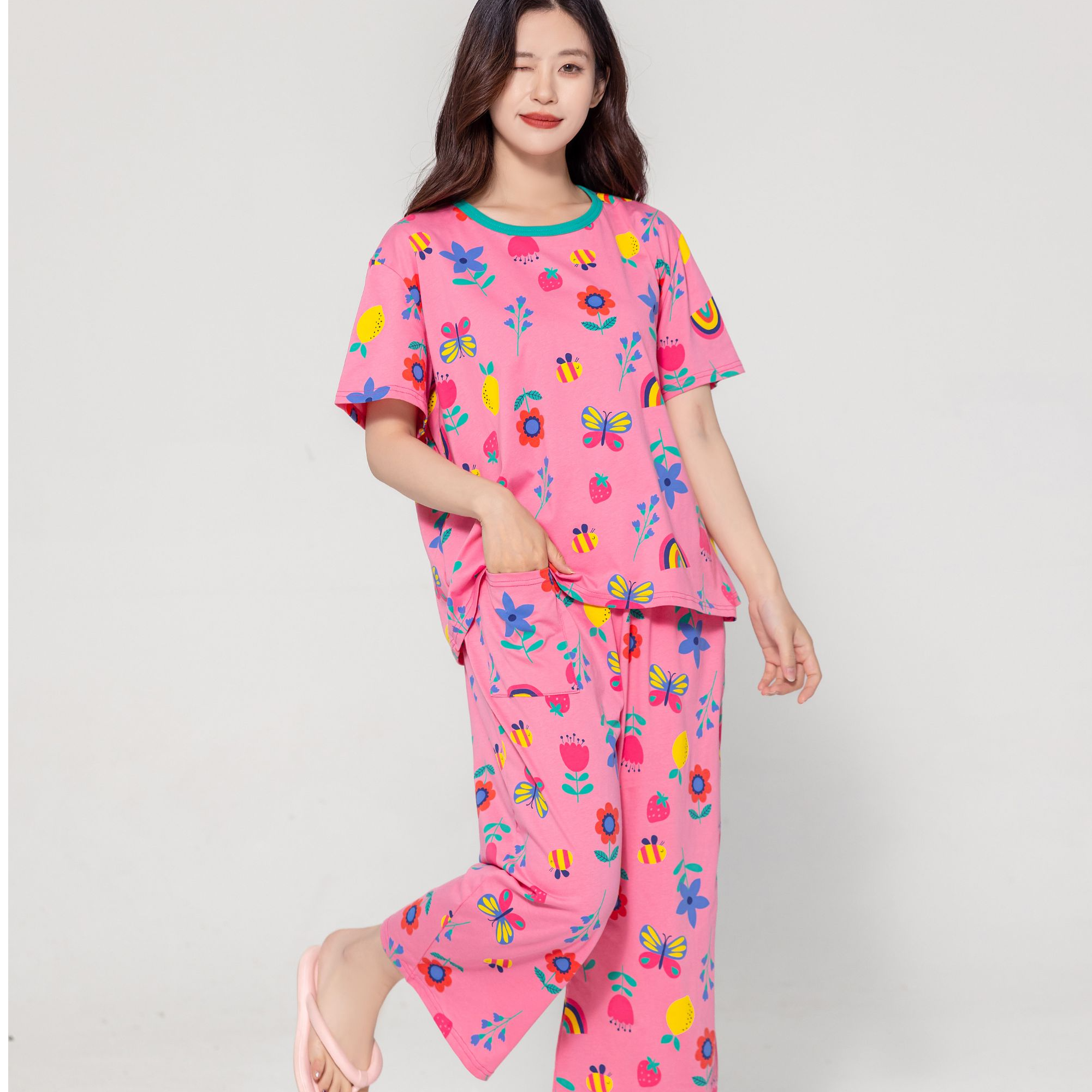 纯棉女士睡衣全棉睡衣春夏宽松大码夏天纯棉套装印花可外穿家居服