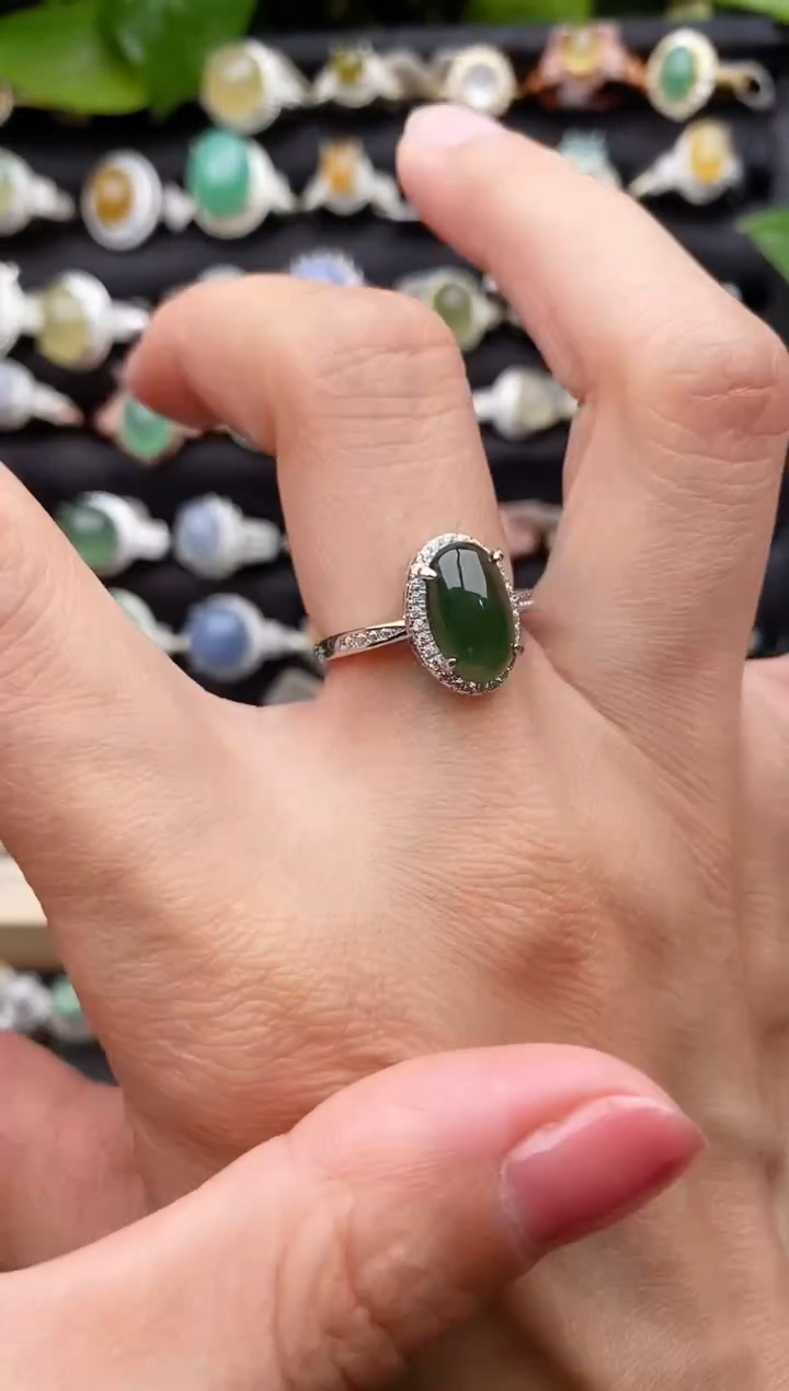 【闪购商品】翡翠戒指银S925镶嵌缅甸天然A货翡翠33  8-1