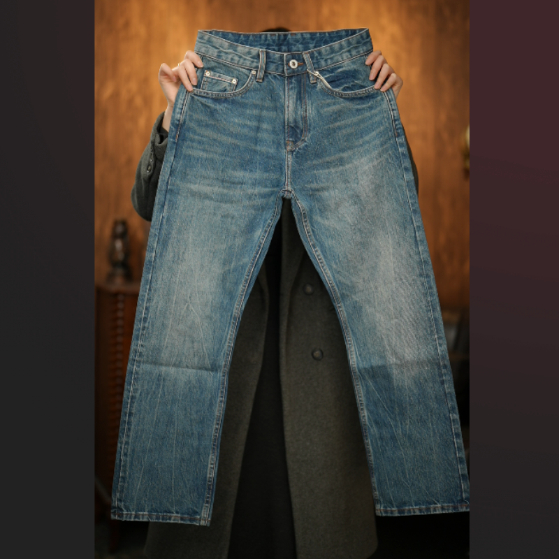 （赤耳丹宁CH5007）新款16oz重工洗水纯棉直筒无弹高端牛仔裤宽松裤