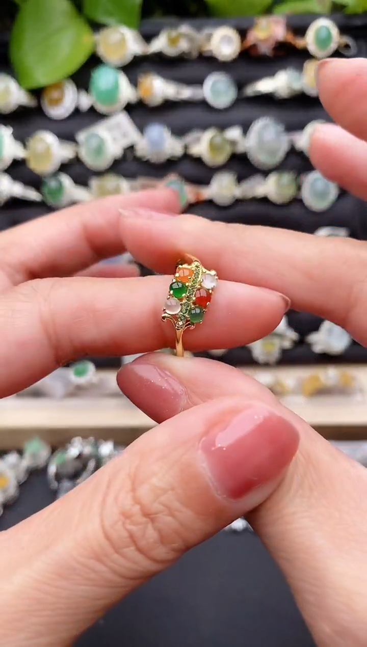 【闪购商品】翡翠戒指银S925镶嵌缅甸天然A货翡翠77  5-8