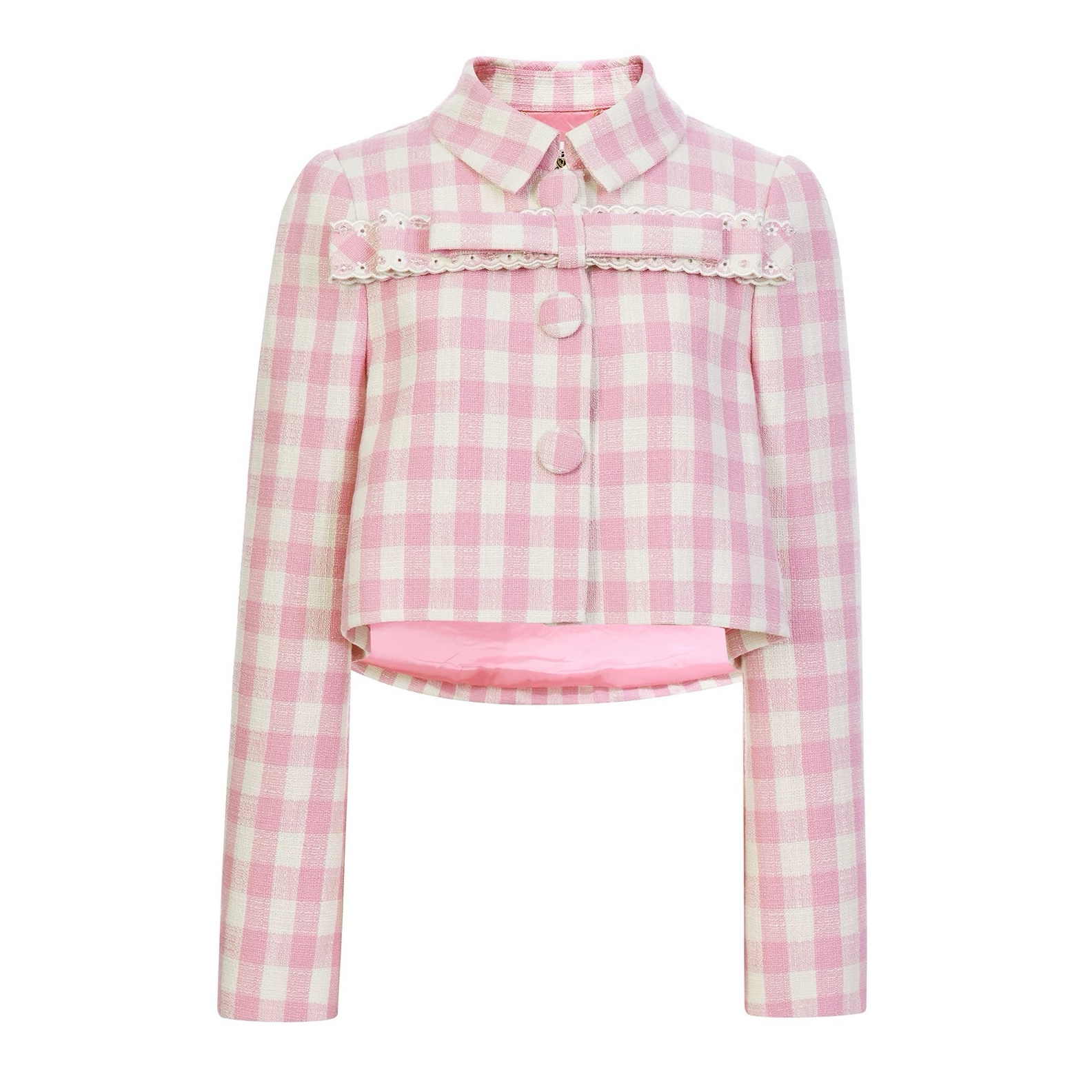 LeFame/拉飞姆2026春季新款时尚蝴蝶结粉白格纹外套LF26C31SC003 