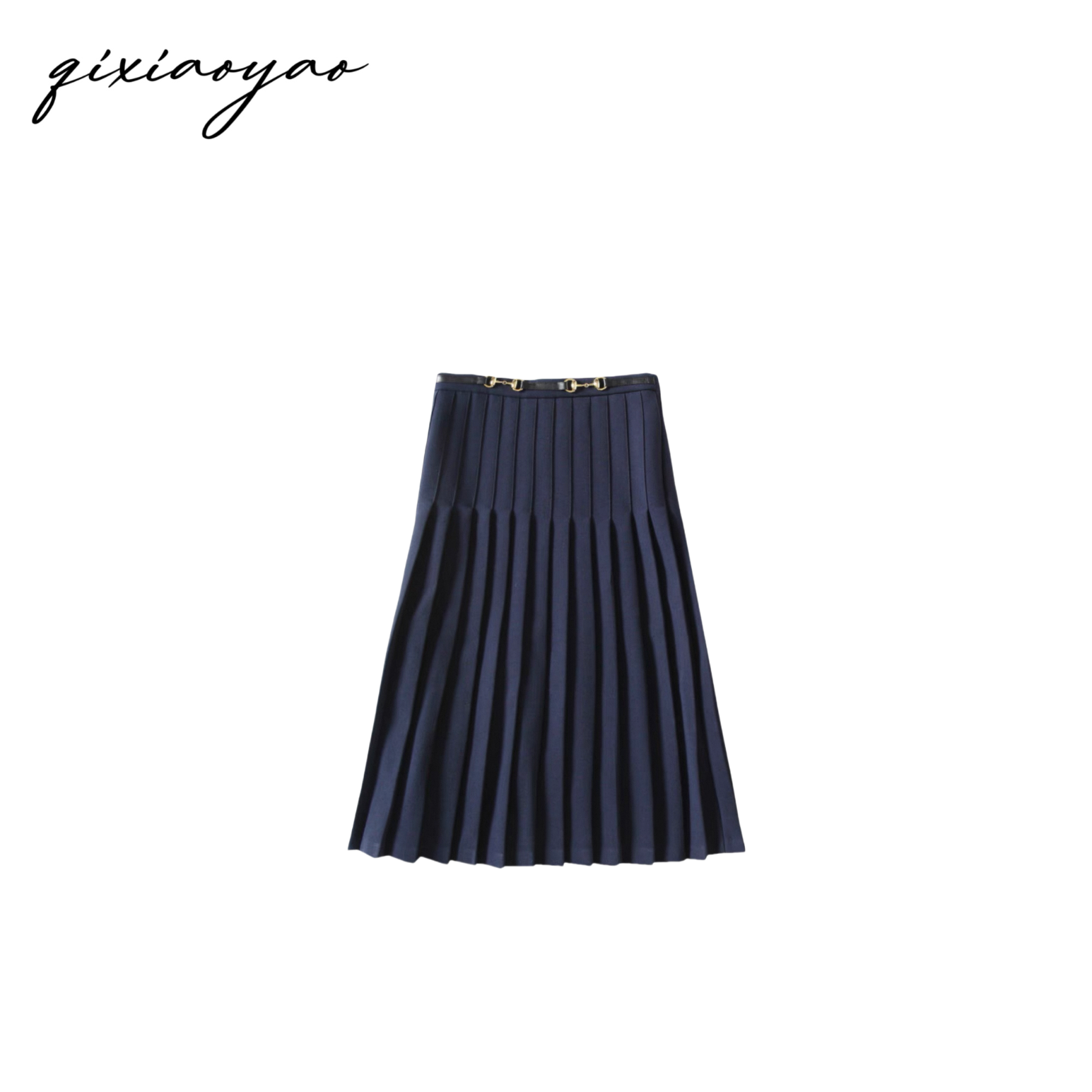 Qixiaoyao 夏季新款马衔扣百褶半身裙#QSXY93324