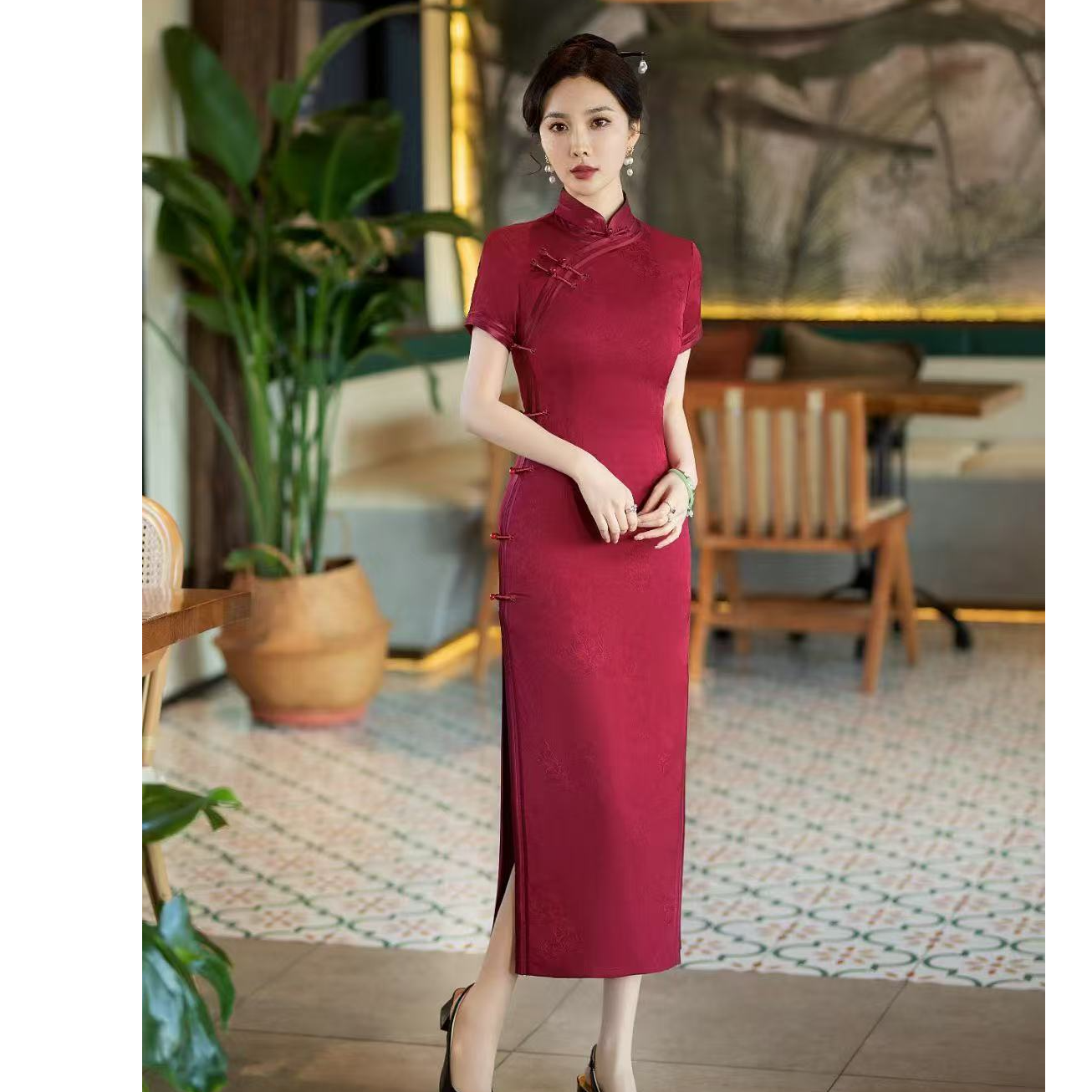 【姹紫嫣红】婚礼宴会薄款春夏新款复古长裙春季妈妈改良旗袍