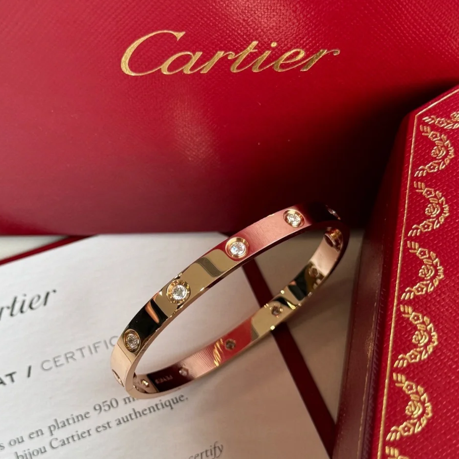 99新 Cartier/卡地亚 小花6欢 love 十钻 手镯 18K玫瑰金 17