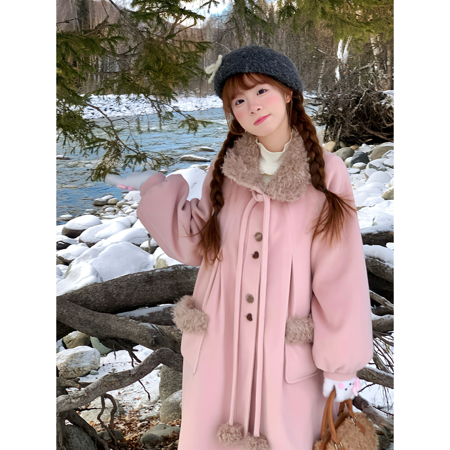 sinsingirl 蜜桃绒球 冬季粉色毛领毛呢大衣少女感中长款夹棉外套
