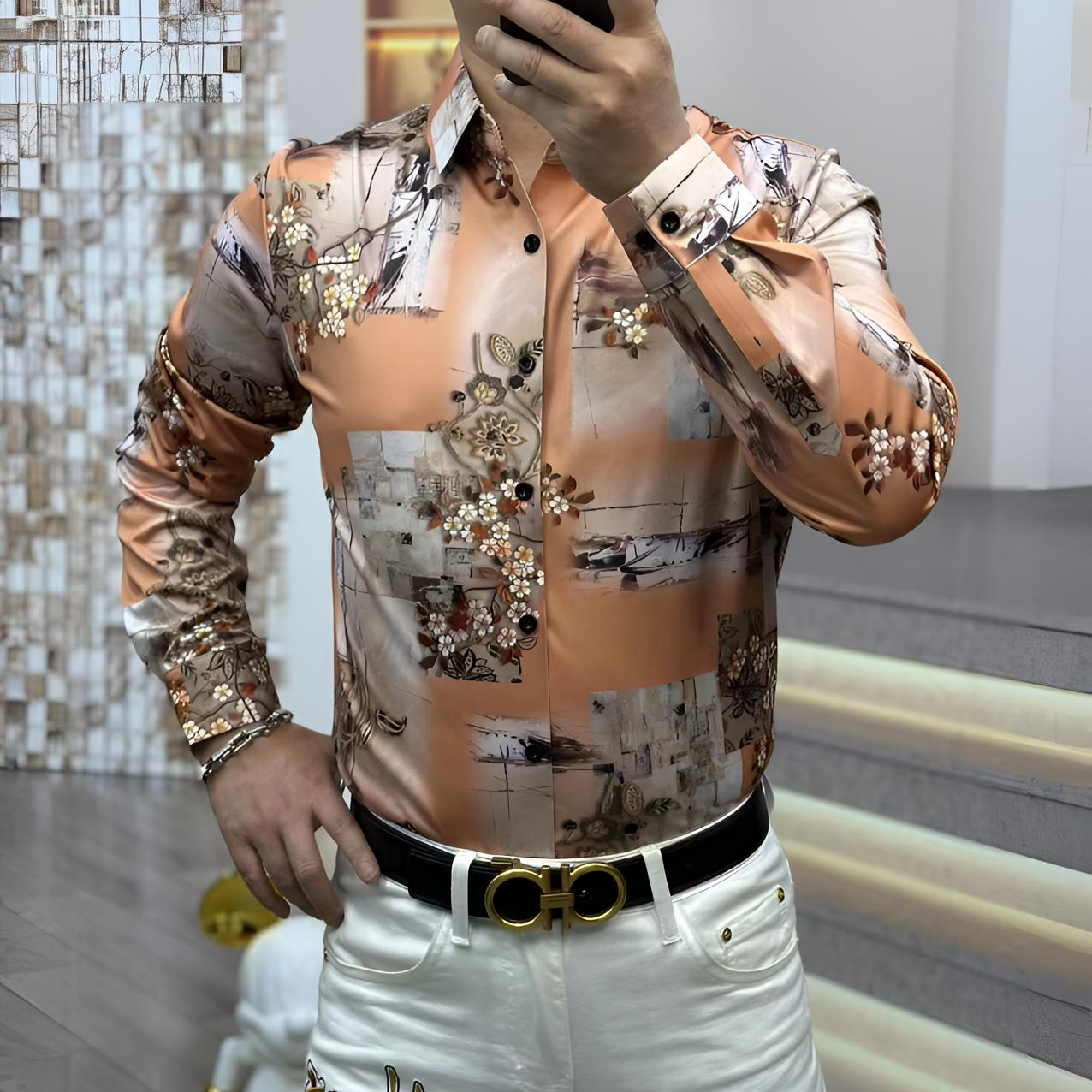 FLD甄选春季新款高品质弹力潮流休闲百搭印花无缝免熨烫衬衫0332