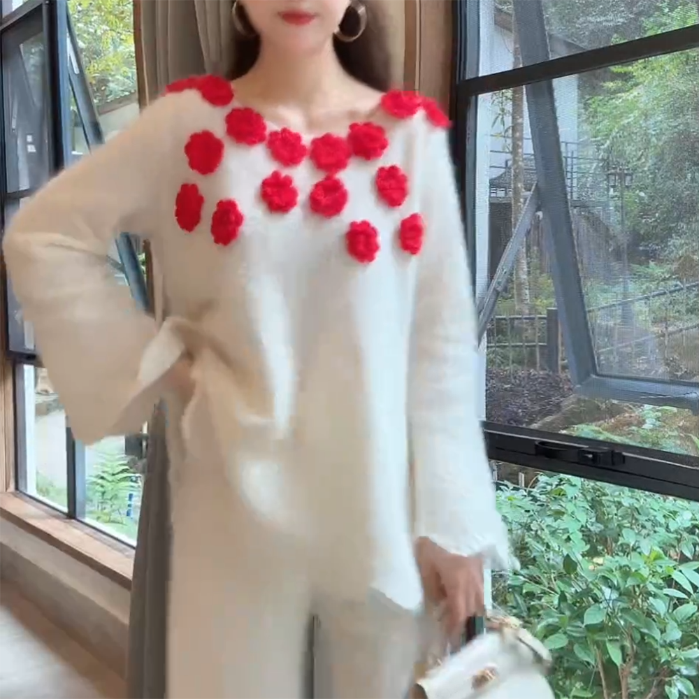 冬季新款百搭法式立体撞色山茶花设计软软糯糯毛针织衫W1081打底