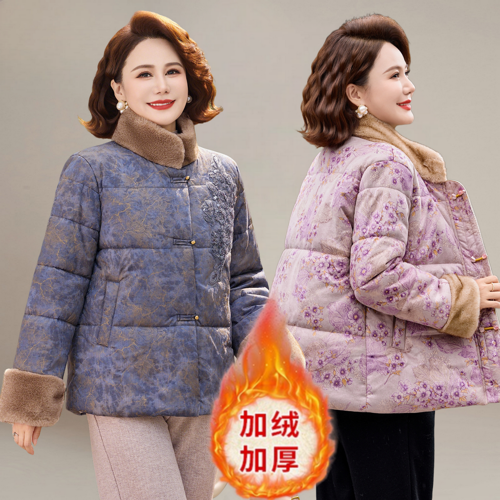 新款国风妈妈冬装棉袄加绒棉衣中老年人女装加厚保暖洋气棉服外套