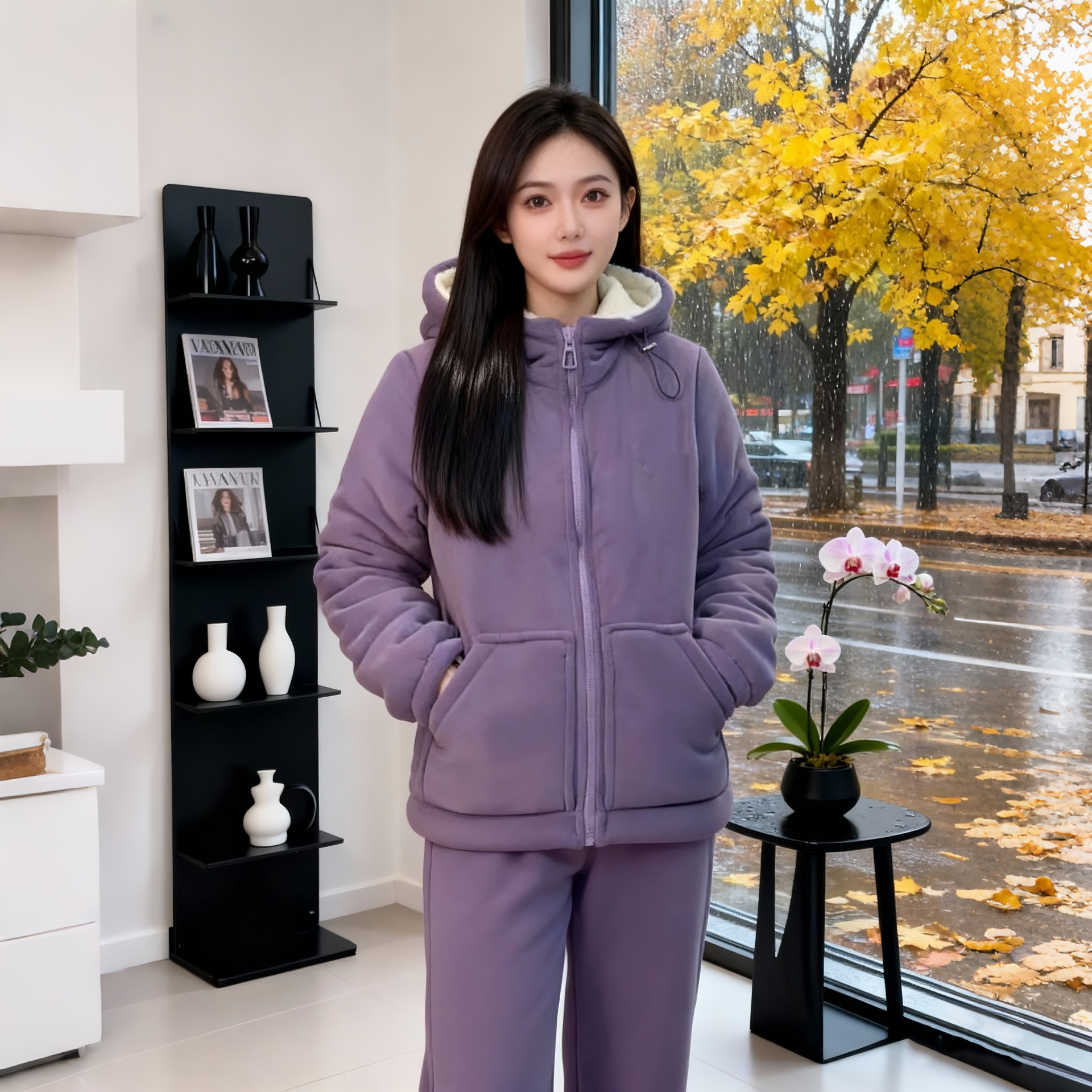 2025冬季新款睡衣套装韩系连帽海豚绒三层夹棉加厚外穿家居睡衣服