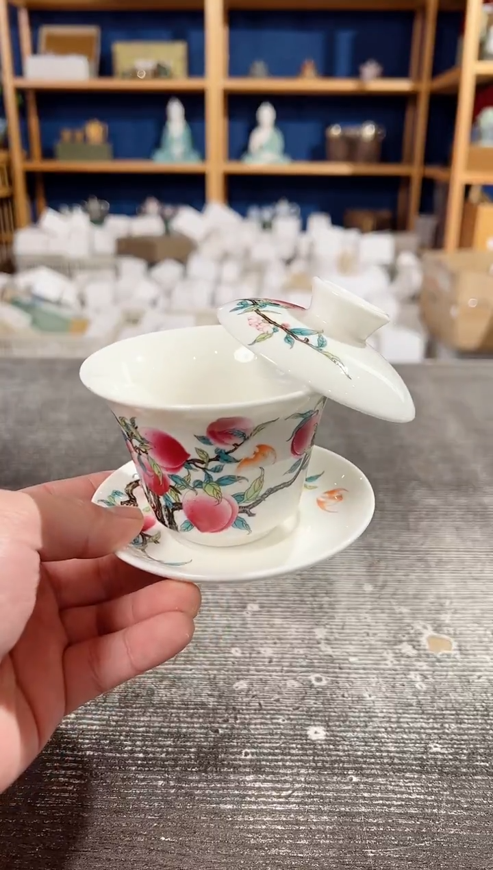 【闪购商品】其他羊脂玉瓷九桃悬停三才盖碗