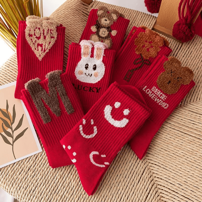 【2025喜庆本命袜】新年转运本命年大红加厚秋冬毛绒情侣爱心长袜