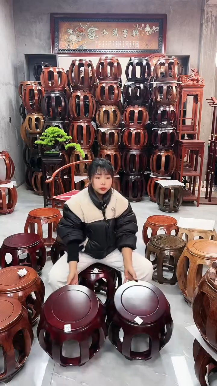 【闪购商品】花梨木类家具微瑕花梨木酸枝色小号鼓凳一对26号