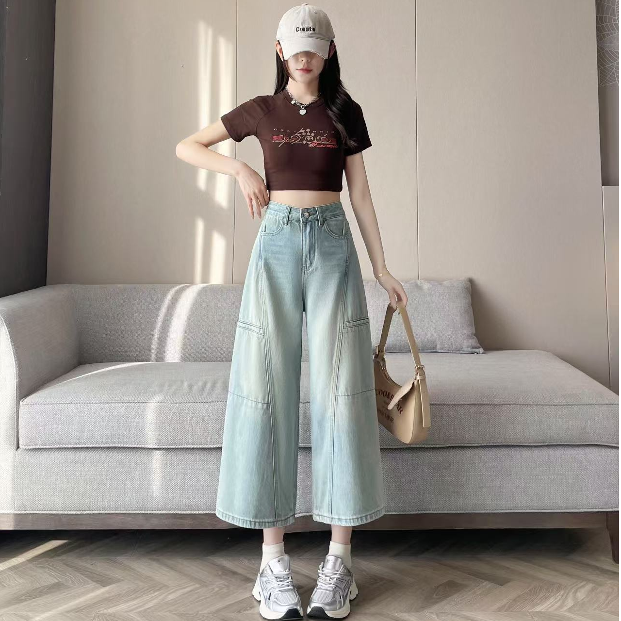 【722-2】复古设计感百搭牛仔裤女夏季薄款宽松显瘦时尚阔腿七分裤