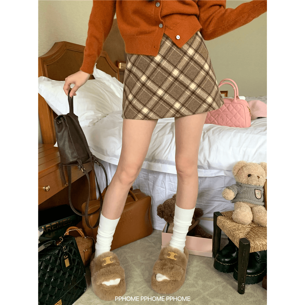复古毛呢红色格子半身裙女秋冬高腰气质辣妹裙子性感a字包臀短裙