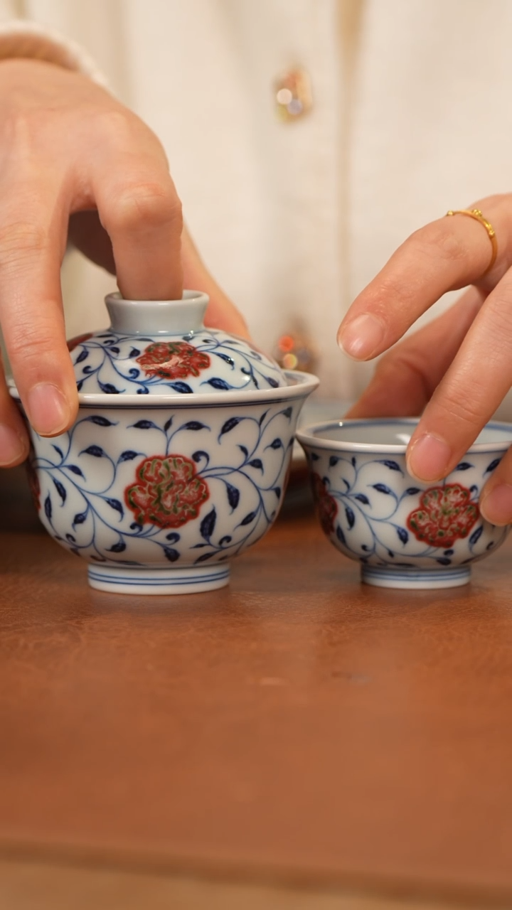 【闪购商品】杯和然窑青花釉里红岩茶盖碗迷你小压手一套