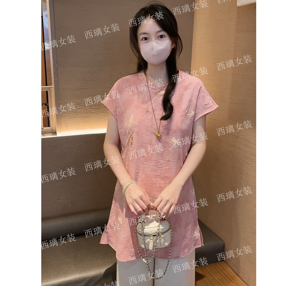 【直播间同款【诗祺】新中式短袖上衣夏季中长款女发泡图案国风复古