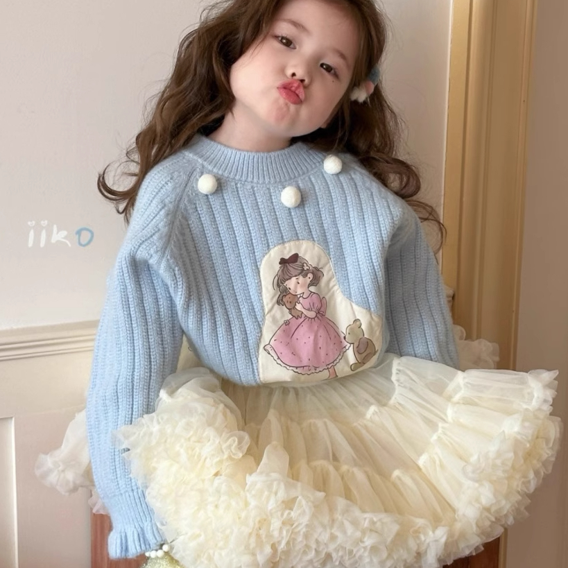 女童毛衣童装2024秋冬加厚韩系儿童可爱卡通贴布厚款毛衣洋气百搭