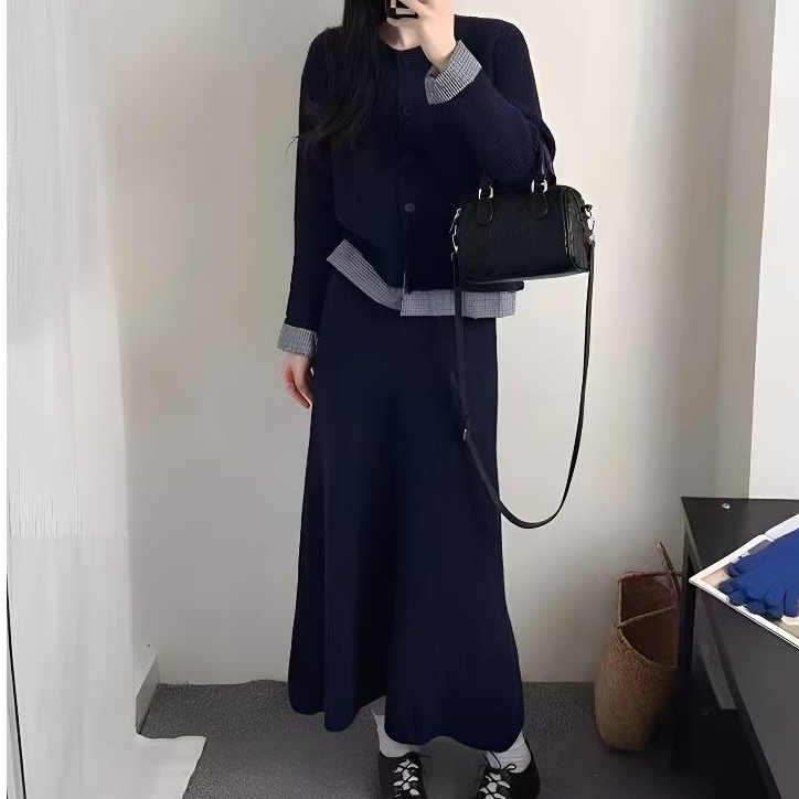 法式休闲拼接开衫长裙套装气质复古时尚裙子针织