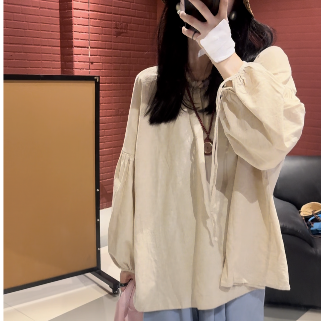 李豆儿  福利 棉麻杏色袖口设计上衣
