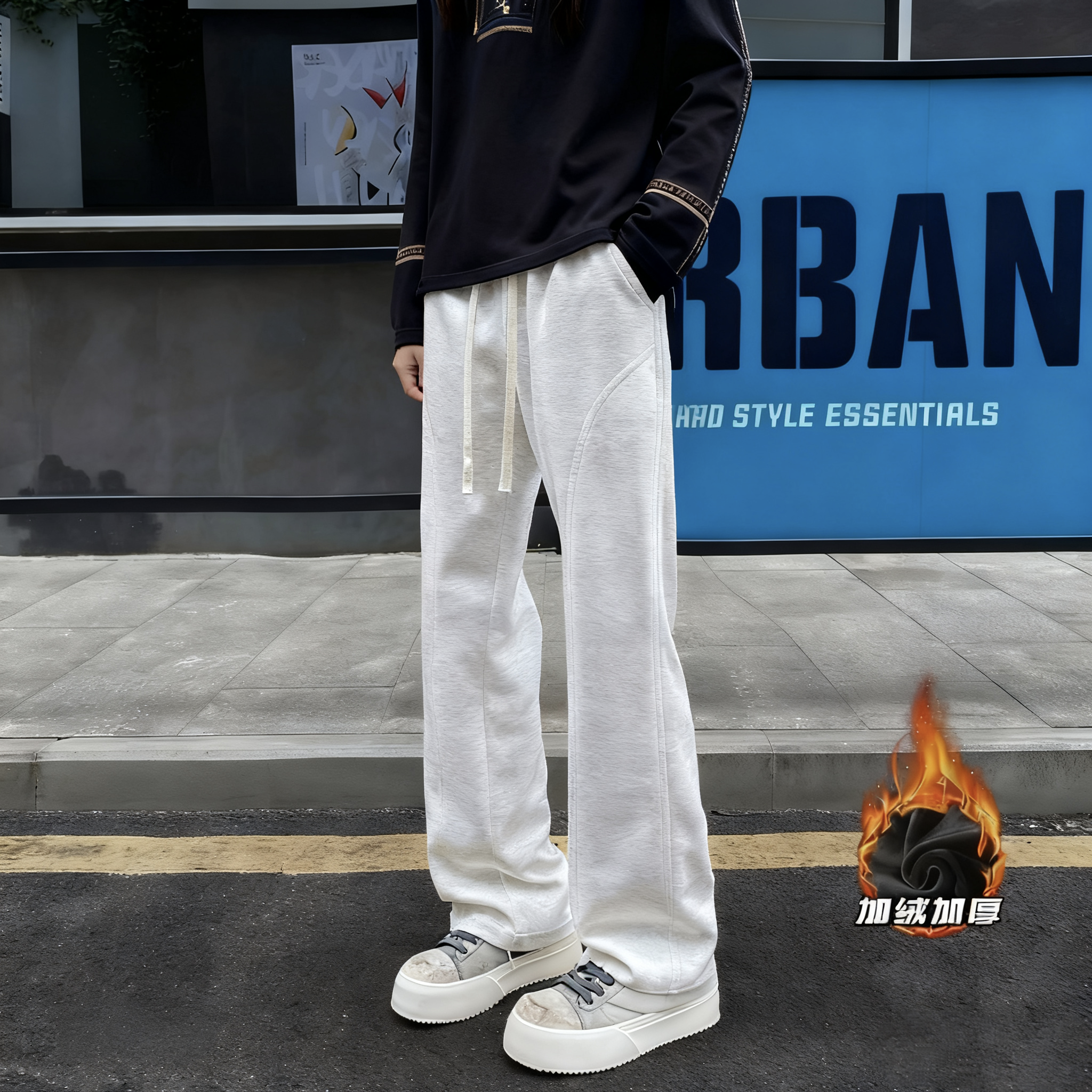 浅灰色斜切微喇卫裤男女同款美式复古cleanfit裤子弯刀直筒休闲裤