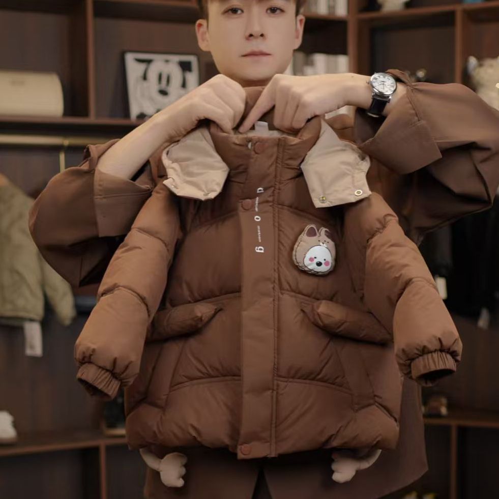 男女童冬款2025新款连帽立体小熊棉服纯色时尚加厚外套