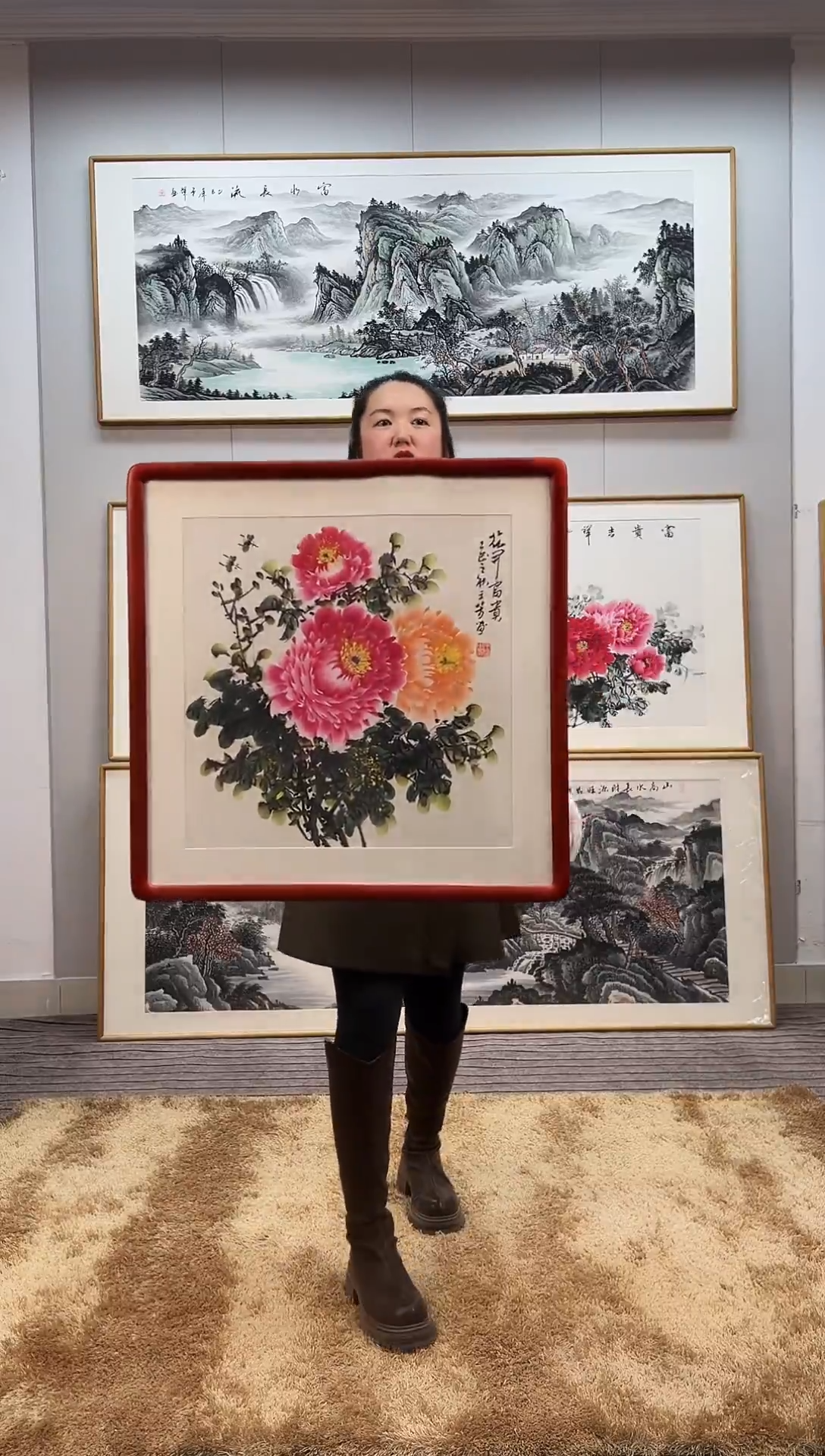 国画手绘牡丹63*63尺寸