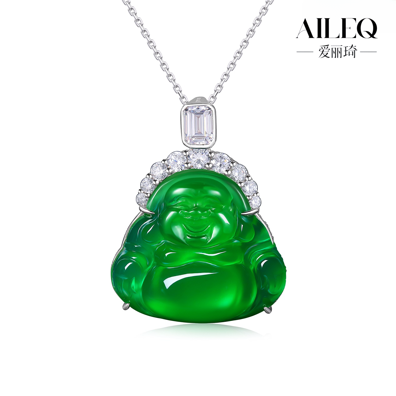 AILEQ925银镶天然玉髓满绿福佑笑佛公项链时尚品质珠宝欧若风吊坠