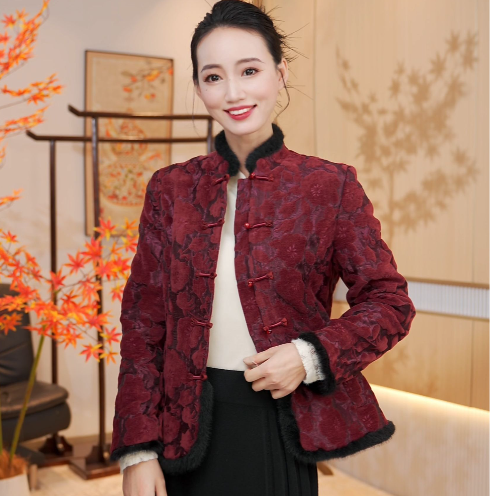 【酒红色】冬季鹅绒服外套新中式休闲轻便90白鹅绒服女装外套JX0282