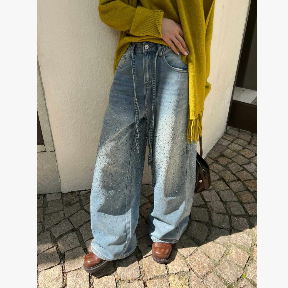 冬季新款水洗满天星宽松加绒/单料牛仔弯刀裤b3134【送同款腰带】T