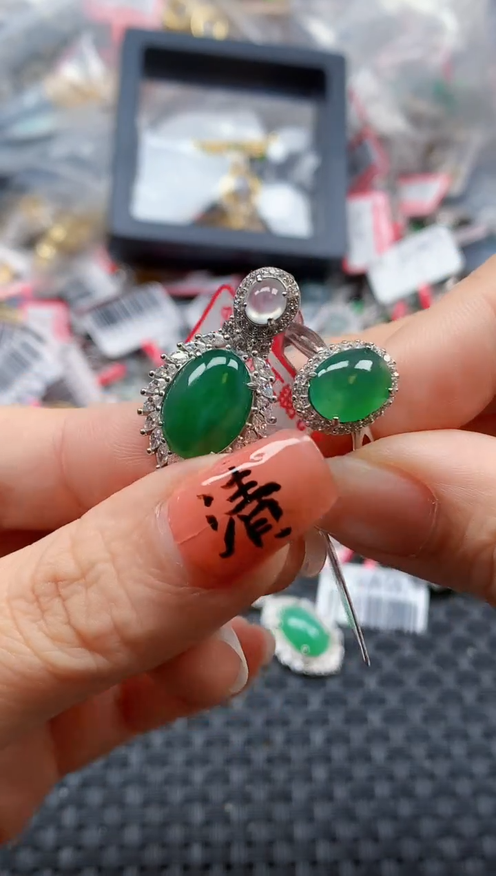 银S925镶嵌戒指翡翠天然A货缅甸翡翠