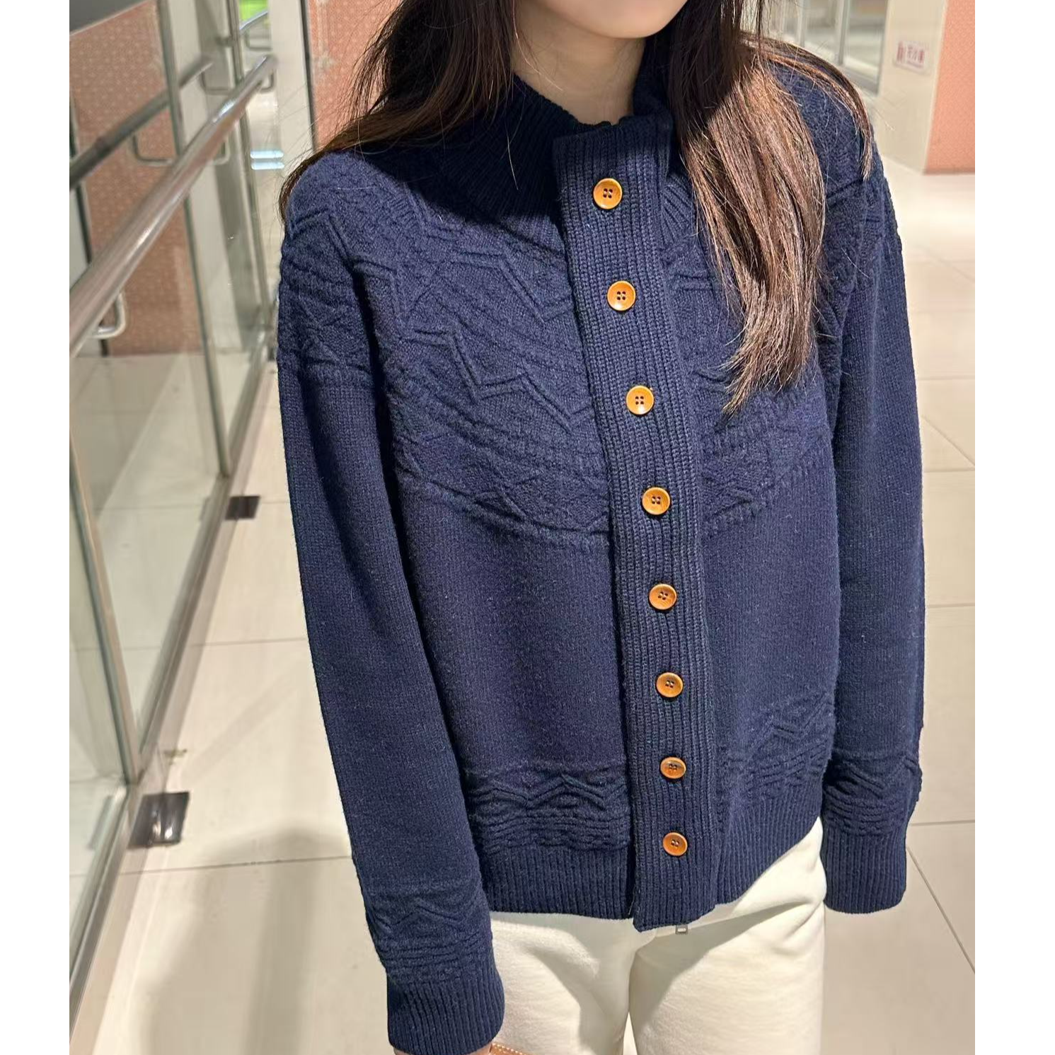 新款单排扣立领长袖羊毛开衫毛衣上衣-229504