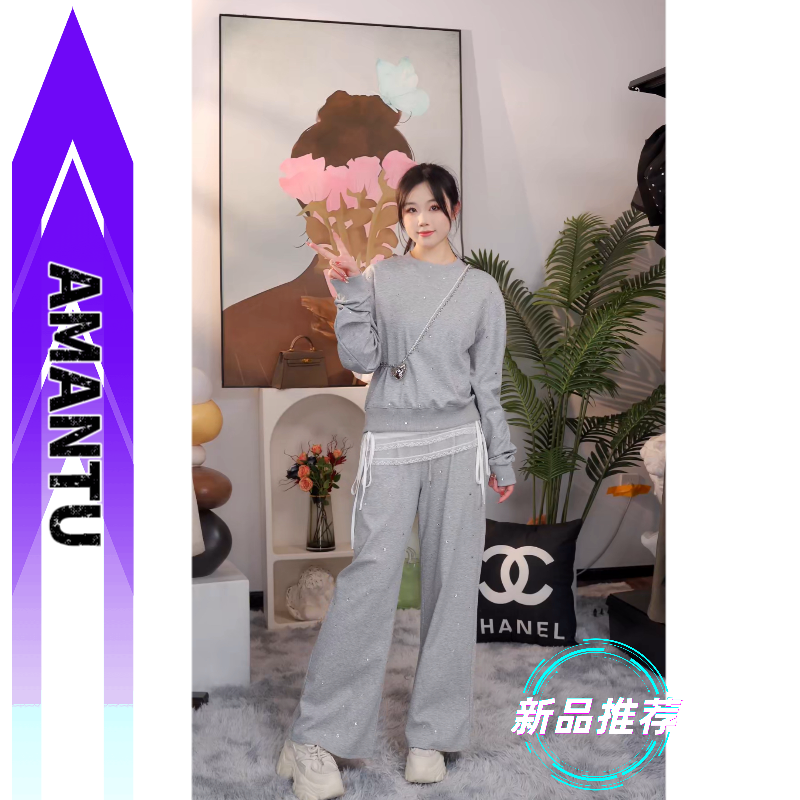 ·루루가− （重工烫钻）韩国东大门早春显瘦气质灰色上衣高腰阔腿裤套装