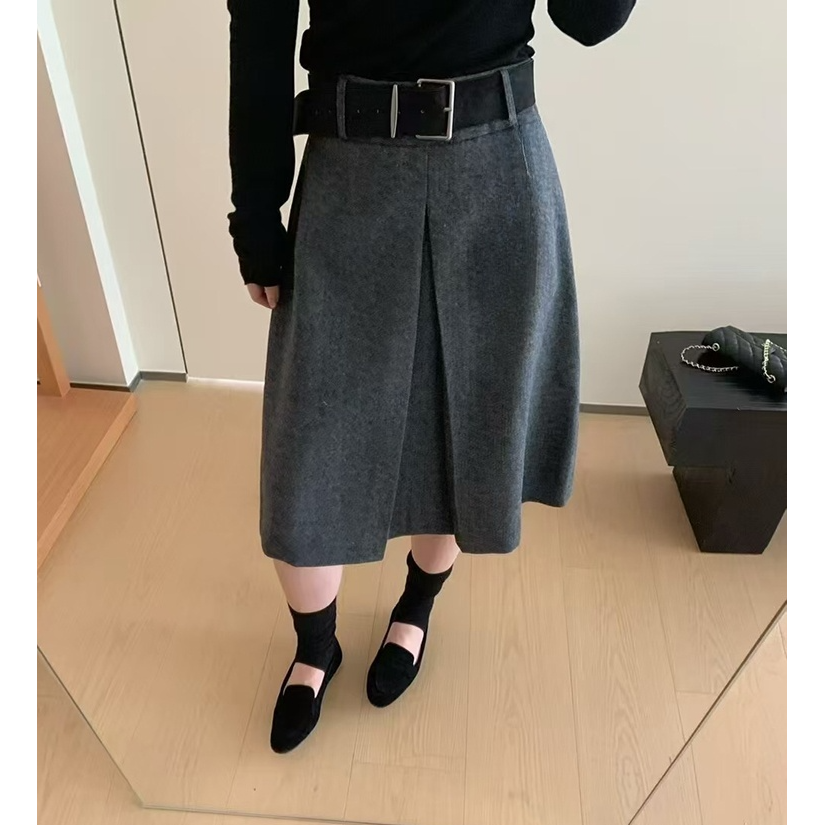 韩系线条感立体单褶微开叉半身裙女秋冬新款肌理感毛呢高腰中长裙