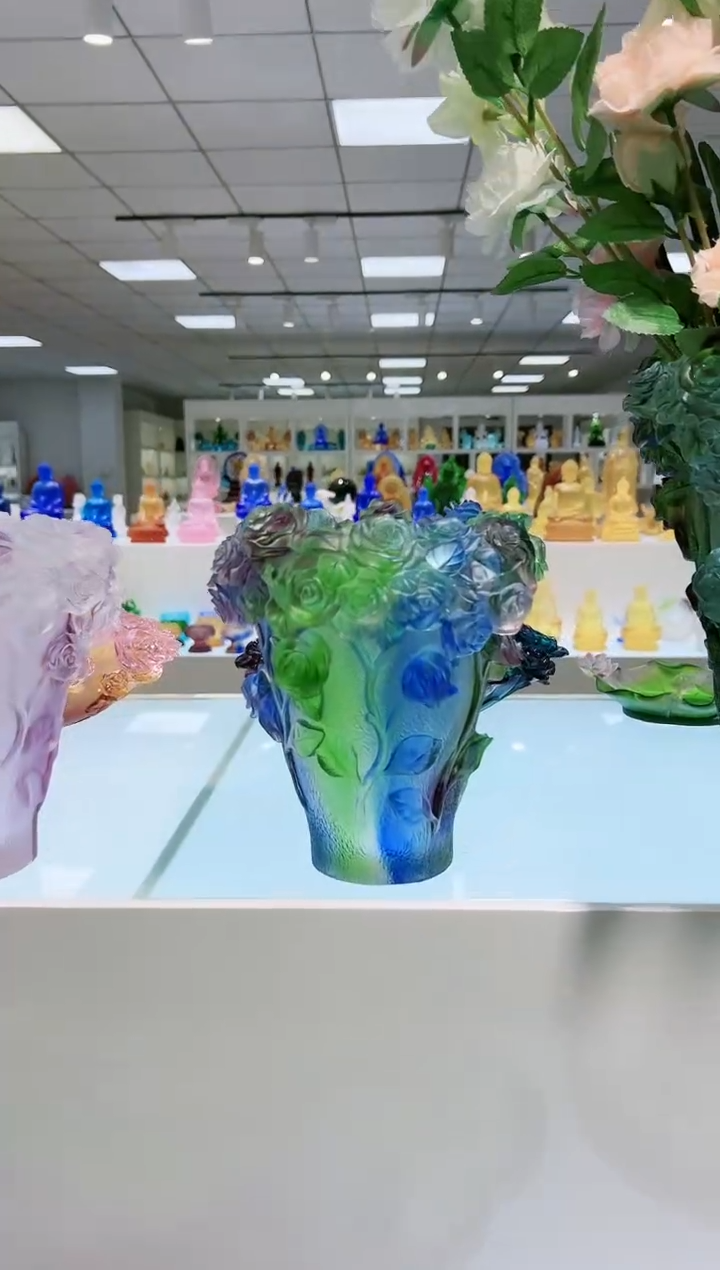 【闪购商品】茶宠古法琉璃玫瑰花瓶彩色