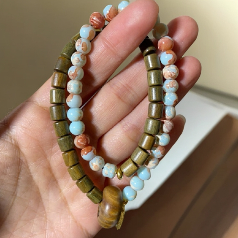 绿檀福吊坠跑环双圈手串