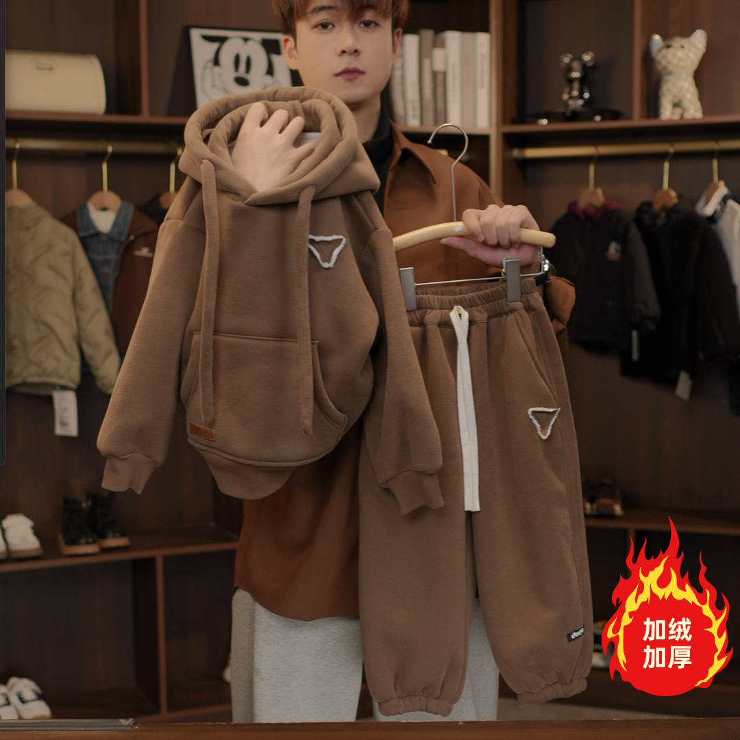 【加绒加厚】儿童长袖加绒带帽卫衣套装男女童秋冬休闲百搭两件套