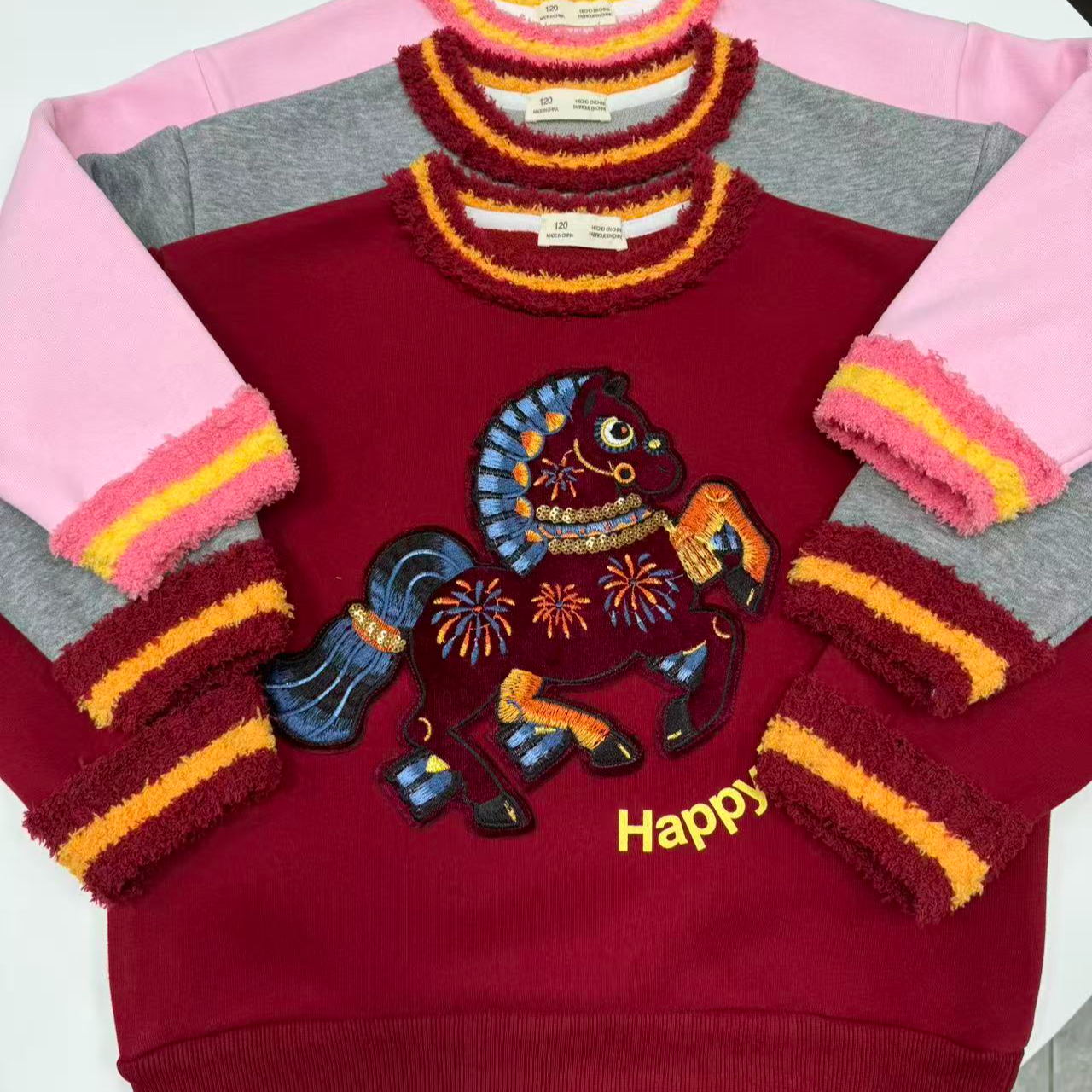 重工刺绣加绒儿童卫衣男童女童宝宝红色新年卫衣冬款加厚卫衣