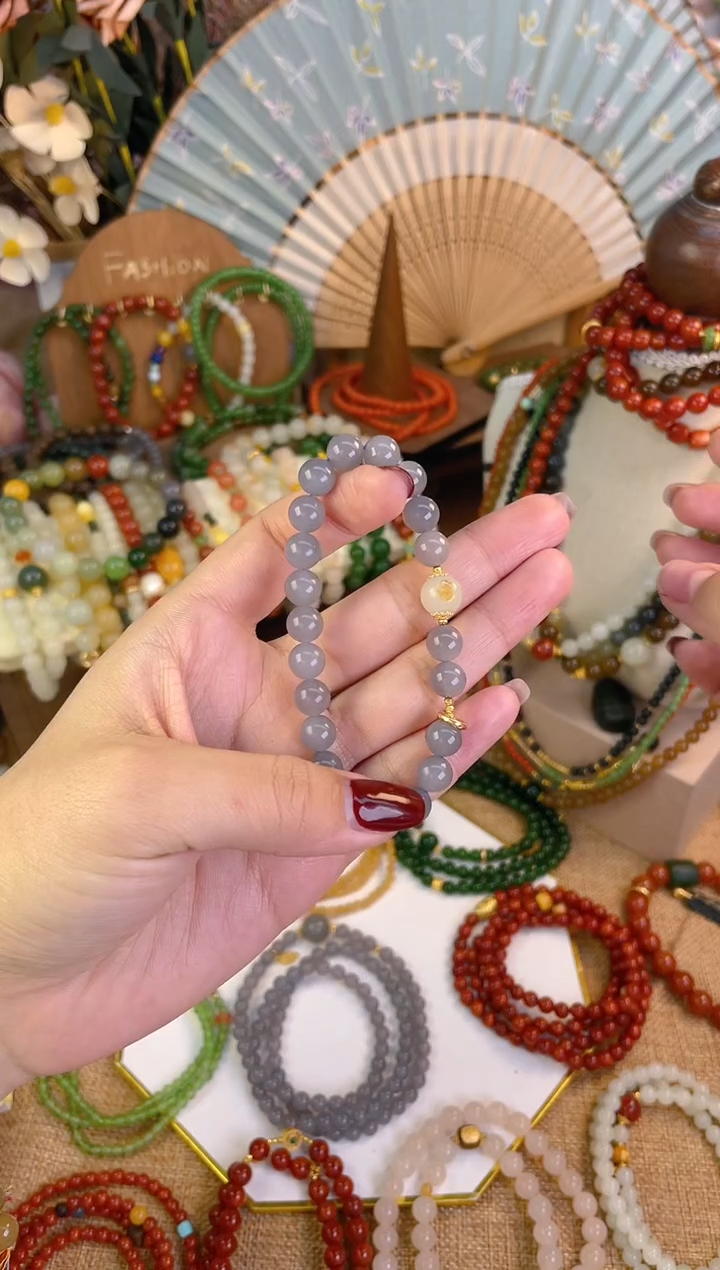 【闪购商品】和田玉手串18K金镶嵌烟紫