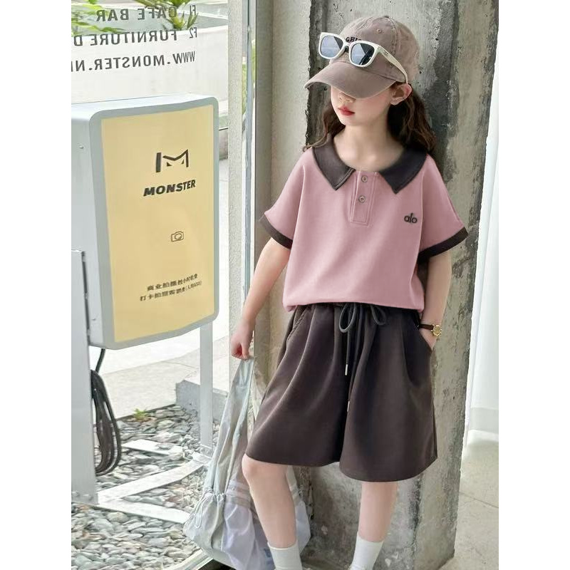 夏日甜美风套装女童夏季新款POLO领短袖休闲衬衫