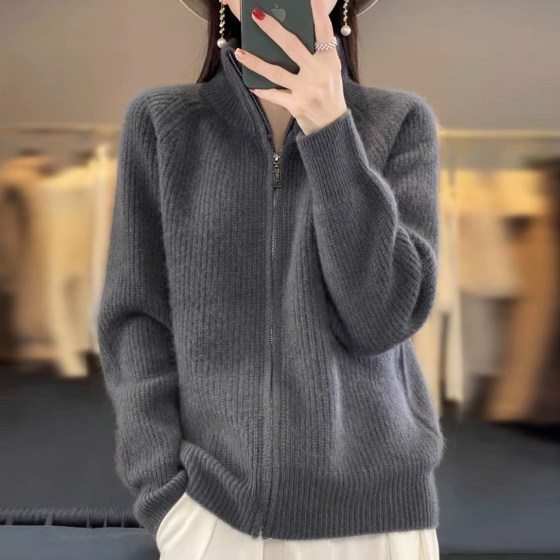 秋冬纯色针织衫女针织开衫外套上衣外搭拉链毛衣春秋半高领外穿